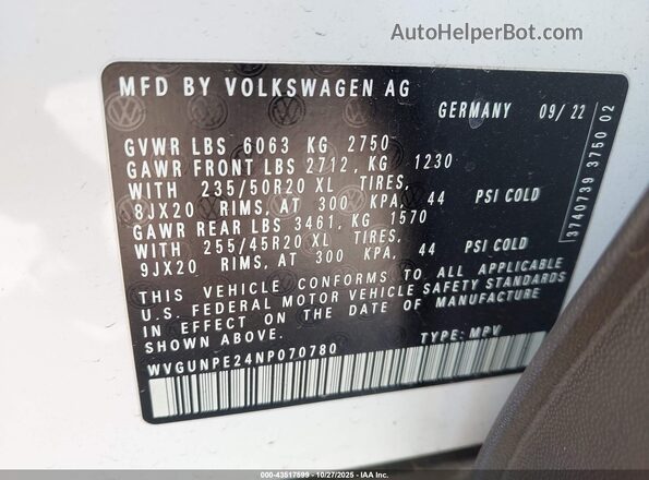 WVGUNPE24NP070780 2022 VOLKSWAGEN ID.4 White Engine compartment view
