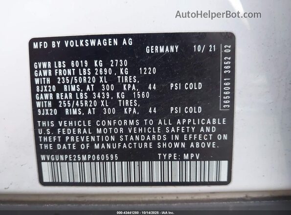 WVGUNPE25MP060595 2021 VOLKSWAGEN ID.4 White Widok komory silnika