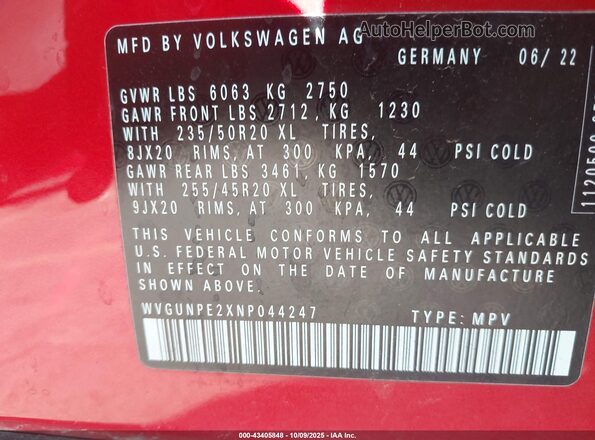 WVGUNPE2XNP044247 2022 VOLKSWAGEN ID.4 Red Շարժիչի բաժամունքի տեսք