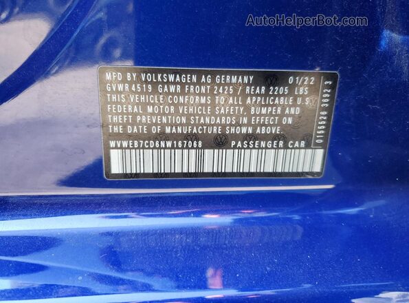 WVWEB7CD6NW167068 2022 VOLKSWAGEN GOLF Синий 