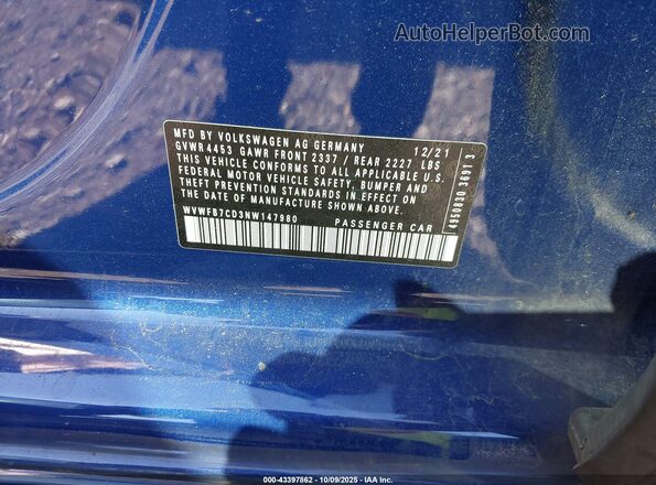 WVWFB7CD3NW147980 2022 VOLKSWAGEN GOLF Blue 