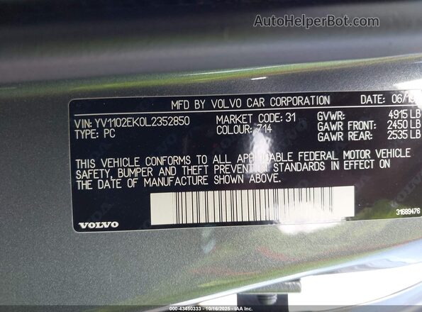 YV1102EK0L2352850 2020 VOLVO V60 Gray Engine compartment view