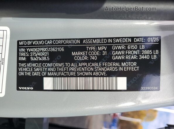 YV4062PBXS1362106 2025 VOLVO XC90 Silver 