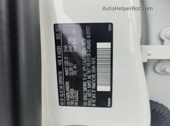 YV4062RL4N1083910 2022 VOLVO XC60 White VIN sticker view