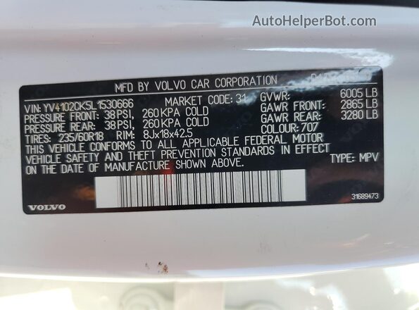 YV4102CK5L1530666 2020 VOLVO XC90 White VIN კოდის სტიკერის ხედი