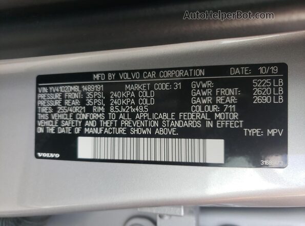 YV4102DM8L1489191 2020 VOLVO XC60 Silver VIN կոդի պիտակի տեսք