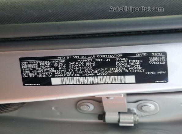 YV4102RK0L1494280 2020 VOLVO XC60 Silver Vista de la etiqueta del VIN
