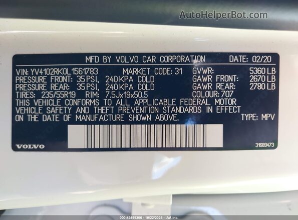 YV4102RK0L1561783 2020 VOLVO XC60 White Շարժիչի բաժամունքի տեսք