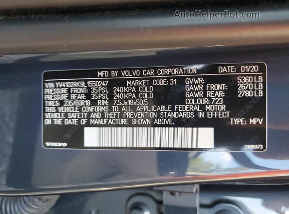 YV4102RK9L1550247 2020 VOLVO XC60 Blue VIN կոդի պիտակի տեսք