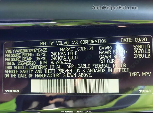 YV4102RKXM1715465 2021 VOLVO XC60 Black Widok komory silnika