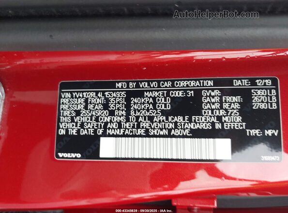 YV4102RL4L1534935 2020 VOLVO XC60 Red Engine compartment view