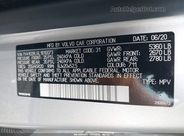 YV4102RL6L1610073 2020 VOLVO XC60 Silver Շարժիչի բաժամունքի տեսք