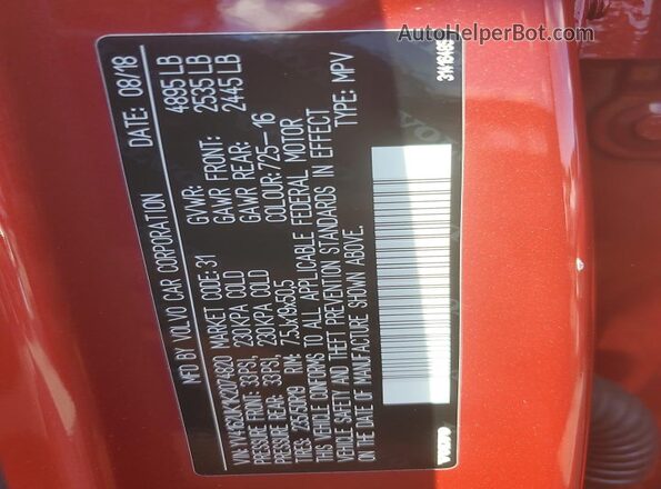 YV4162UK1K2074820 2019 VOLVO XC40 Red Vista de la etiqueta del VIN
