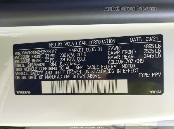 YV4162UM2M2573047 2021 VOLVO XC40 White Vista del compartimento del motor