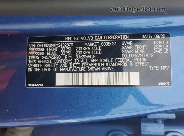 YV4162UM4M2432870 2021 VOLVO XC40 Blue Вид наклейки з VIN-кодом