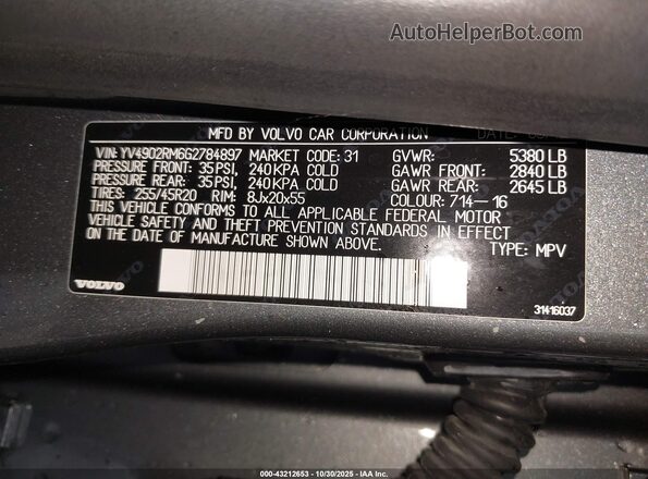 YV4902RM6G2784897 2016 VOLVO XC60 Gray Vista del compartimento del motor