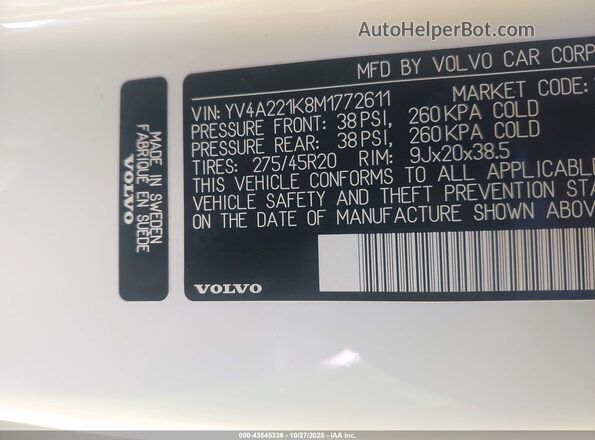 YV4A221K8M1772611 2021 VOLVO XC90 White Вид підкапотного простору