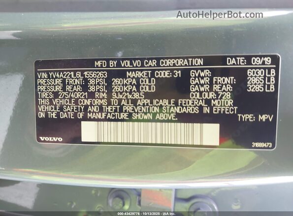 YV4A221L6L1556263 2020 VOLVO XC90 Light Blue 