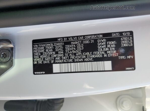YV4AC2HK9L2248251 2020 VOLVO XC40 Белый Вид наклейки с VIN-кодом