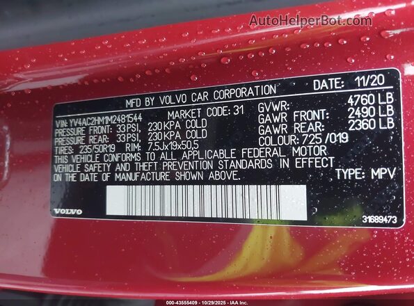 YV4AC2HM1M2481544 2021 VOLVO XC40 Red 