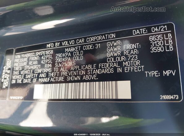 YV4BR0CL6M1761858 2021 VOLVO XC90 RECHARGE PLUG-IN HYBRID Blue Widok komory silnika