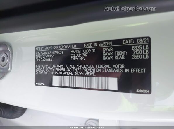 YV4BR0CZ1N1790674 2022 VOLVO XC90 RECHARGE PLUG-IN HYBRID White Vista del compartimento del motor