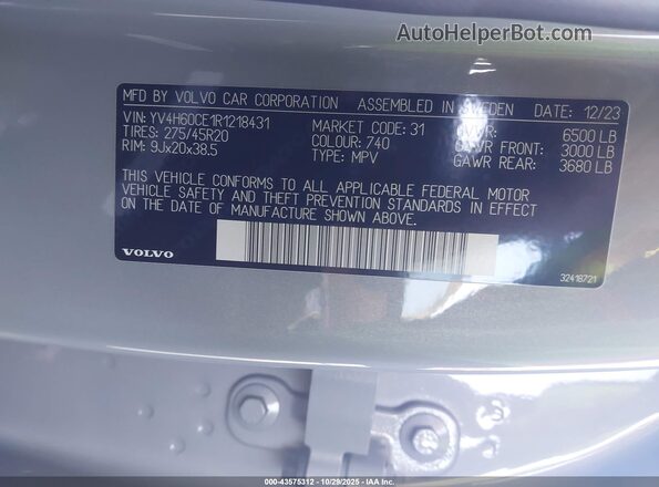 YV4H60CE1R1218431 2024 VOLVO XC90 RECHARGE PLUG-IN HYBRID Gray Widok komory silnika
