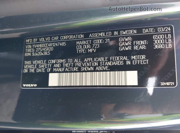 YV4H60CE4R1247485 2024 VOLVO XC90 RECHARGE PLUG-IN HYBRID Blue Vista del compartimento del motor