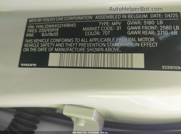 YV4L12WK4S2149840 2025 VOLVO V60 CROSS COUNTRY White Շարժիչի բաժամունքի տեսք
