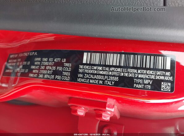 ZACNJABB0LPL28585 2020 JEEP RENEGADE Red Вид підкапотного простору