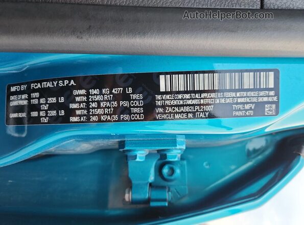 ZACNJABB2LPL21007 2020 JEEP RENEGADE Blue Vista de la etiqueta del VIN