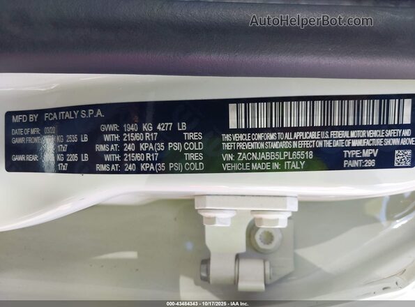 ZACNJABB5LPL65518 2020 JEEP RENEGADE White Շարժիչի բաժամունքի տեսք