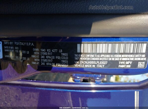 ZACNJABB5LPL93027 2020 JEEP RENEGADE Blue Vista del compartimento del motor