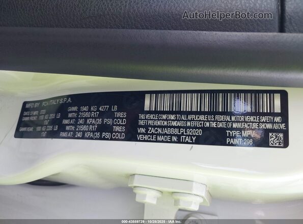 ZACNJABB8LPL92020 2020 JEEP RENEGADE Белый Вид подкапотного пространства