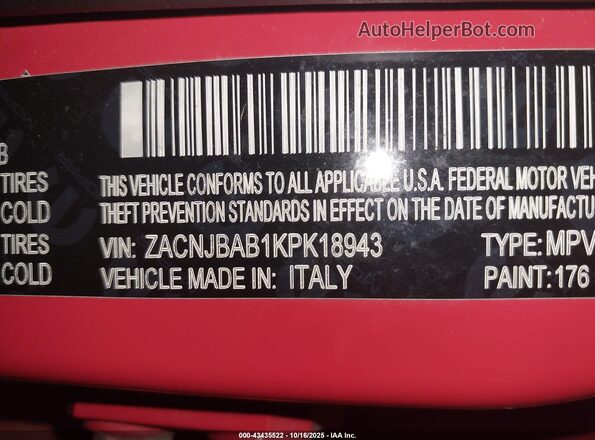 ZACNJBAB1KPK18943 2019 JEEP RENEGADE Red ძრავის განყოფილების ხედი
