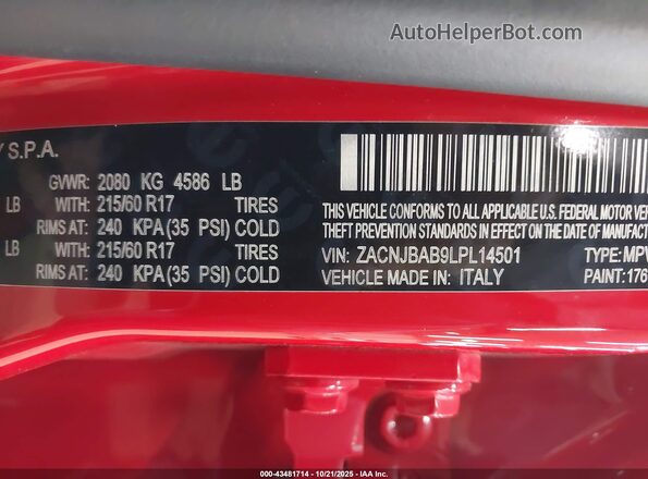 ZACNJBAB9LPL14501 2020 JEEP RENEGADE Красный Вид подкапотного пространства