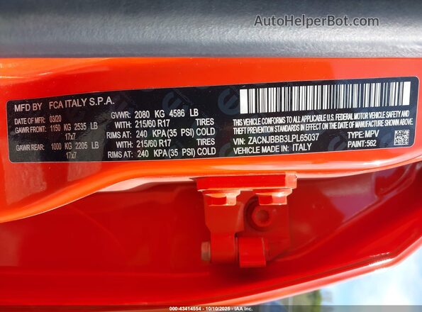 ZACNJBBB3LPL65037 2020 JEEP RENEGADE Orange Շարժիչի բաժամունքի տեսք