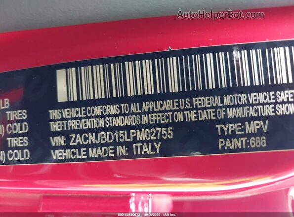 ZACNJBD15LPM02755 2020 JEEP RENEGADE Красный Вид подкапотного пространства