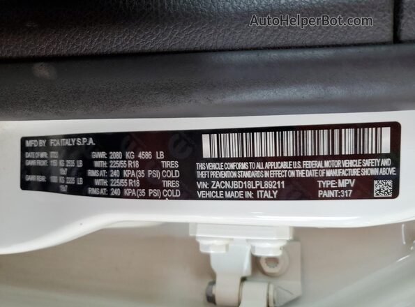 ZACNJBD18LPL89211 2020 JEEP RENEGADE White VIN კოდის სტიკერის ხედი
