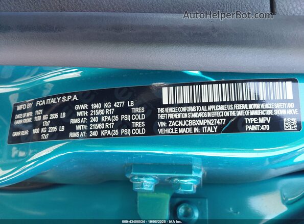 ZACNJCBBXMPN27477 2021 JEEP RENEGADE Blue ძრავის განყოფილების ხედი