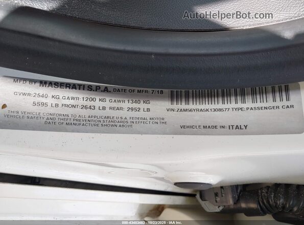 ZAM56YRA5K1308577 2019 MASERATI QUATTROPOR Белый 