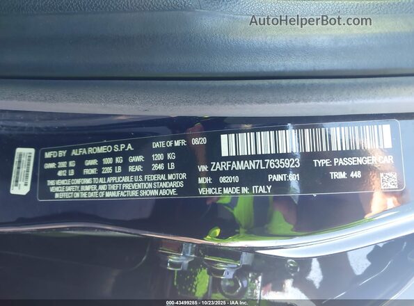 ZARFAMAN7L7635923 2020 ALFA ROMEO GIULIA Черный Вид подкапотного пространства