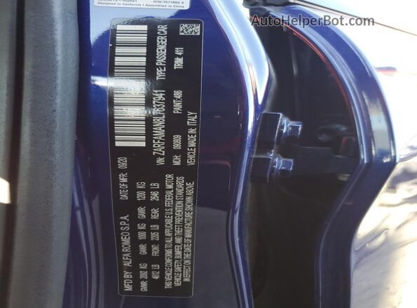 ZARFAMAN8L7637941 2020 ALFA ROMEO GIULIA Blue VIN კოდის სტიკერის ხედი
