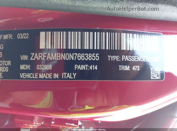 ZARFAMBN0N7663855 2022 ALFA ROMEO GIULIA Red 
