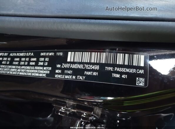 ZARFAMBN8L7626498 2020 ALFA ROMEO GIULIA Black Շարժիչի բաժամունքի տեսք