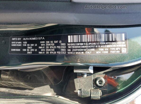 ZASPAKBN1M7D03986 2021 ALFA ROMEO STELVIO Green VIN sticker view