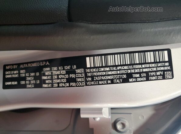 ZASPAKBN6R7D77136 2024 ALFA ROMEO STELVIO Серебряный Вид наклейки с VIN-кодом