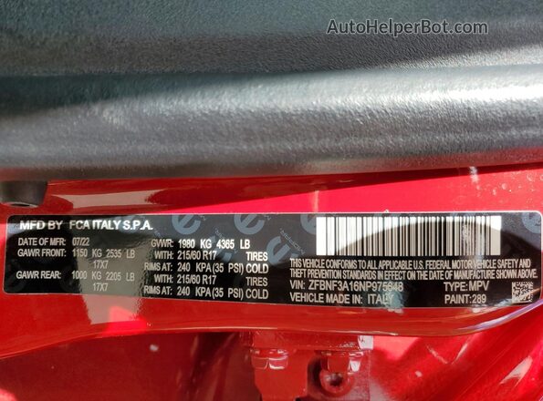 ZFBNF3A16NP975648 2022 FIAT 500X Red სალონის 360-გრადუსიანი ხედი