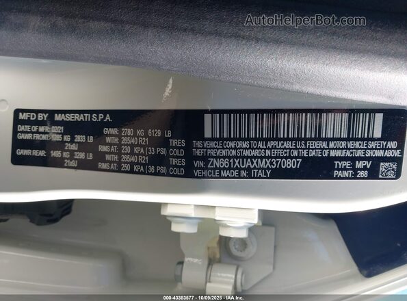 ZN661XUAXMX370807 2021 MASERATI LEVANTE White 