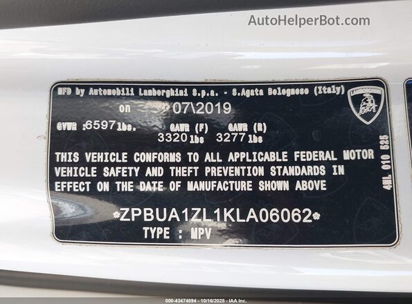 ZPBUA1ZL1KLA06062 2019 LAMBORGHINI URUS Blue 
